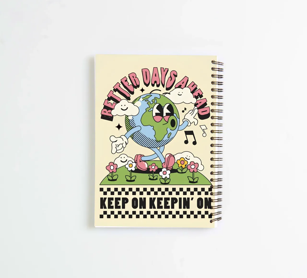 "Gimme Better Days Ahead" Retro Earth Optimistic Pop Art spiral notebook by NorwesClub