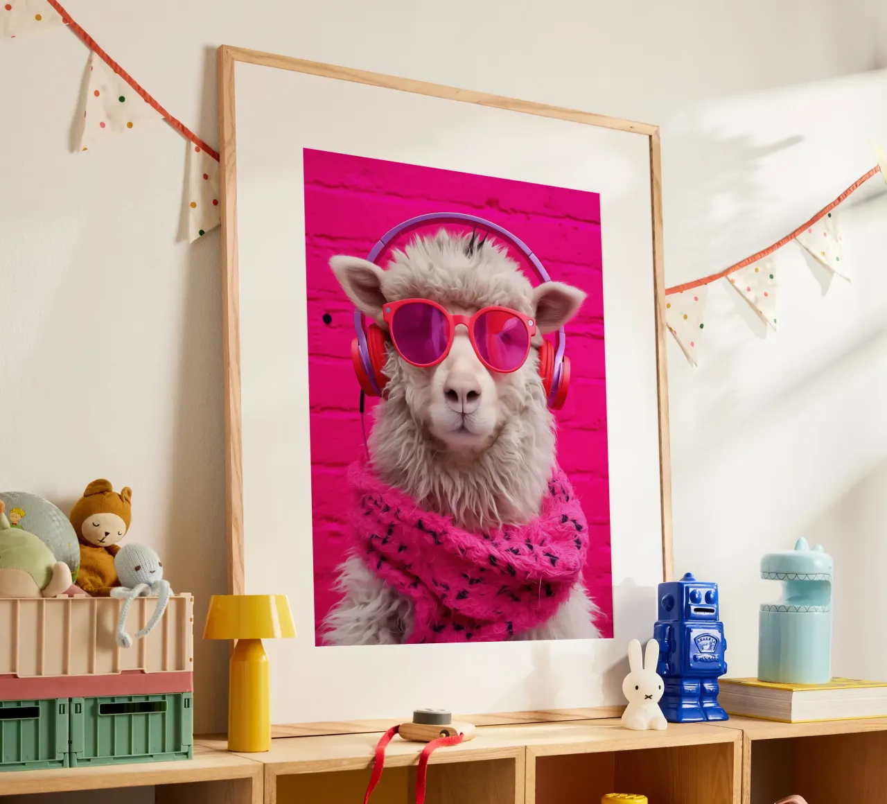 Pecora pop art rosa con cuffie e occhiali da sole poster con telaio in legno da Autofocus
