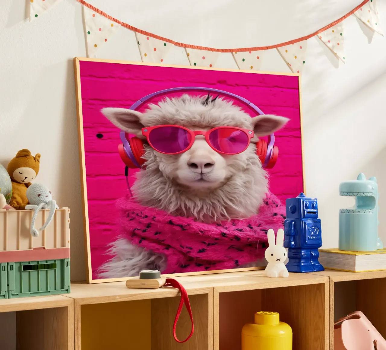 Pecora pop art rosa con cuffie e occhiali da sole poster con telaio in legno da Autofocus