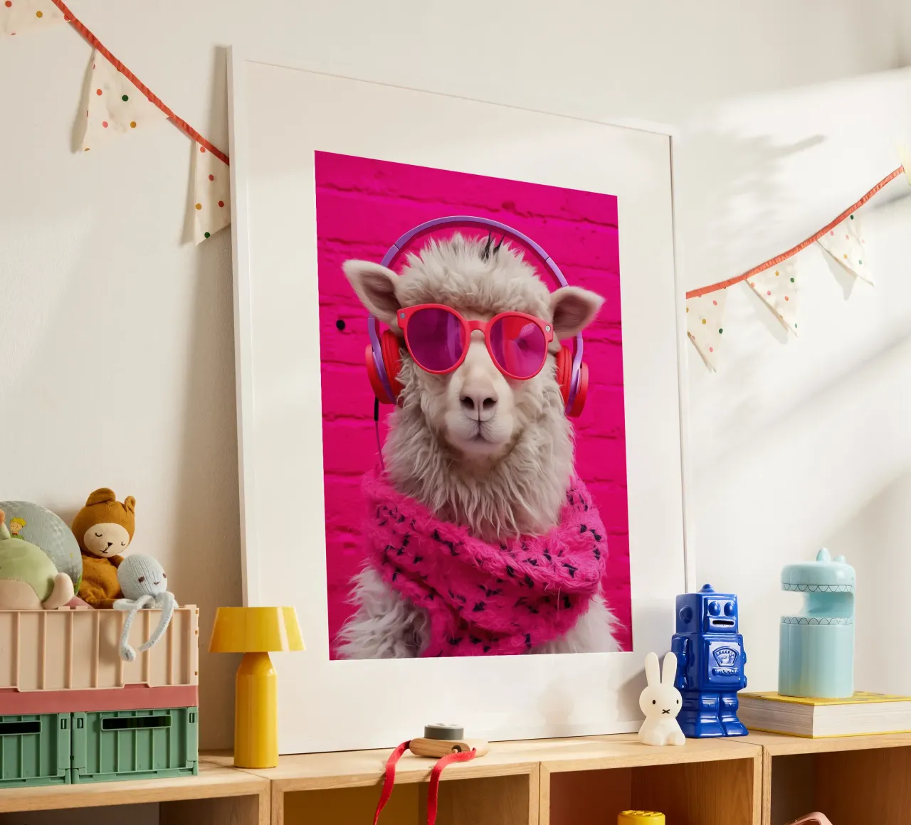 Pecora pop art rosa con cuffie e occhiali da sole carta hahnemühle da Autofocus
