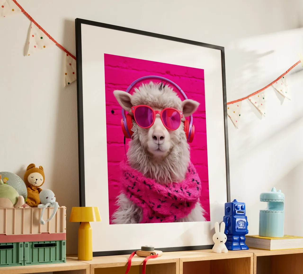 Pecora pop art rosa con cuffie e occhiali da sole poster con telaio in legno da Autofocus