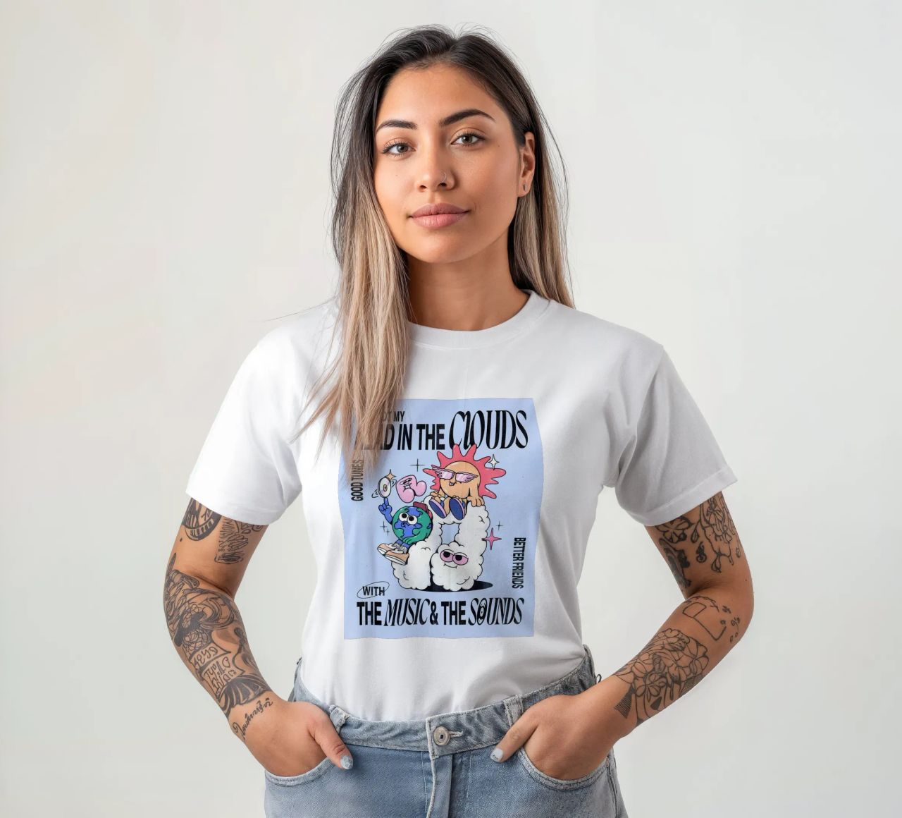 "Head in the Clouds" Groovy Sun Earth Music Pop Art Print t-shirt by NorwesClub