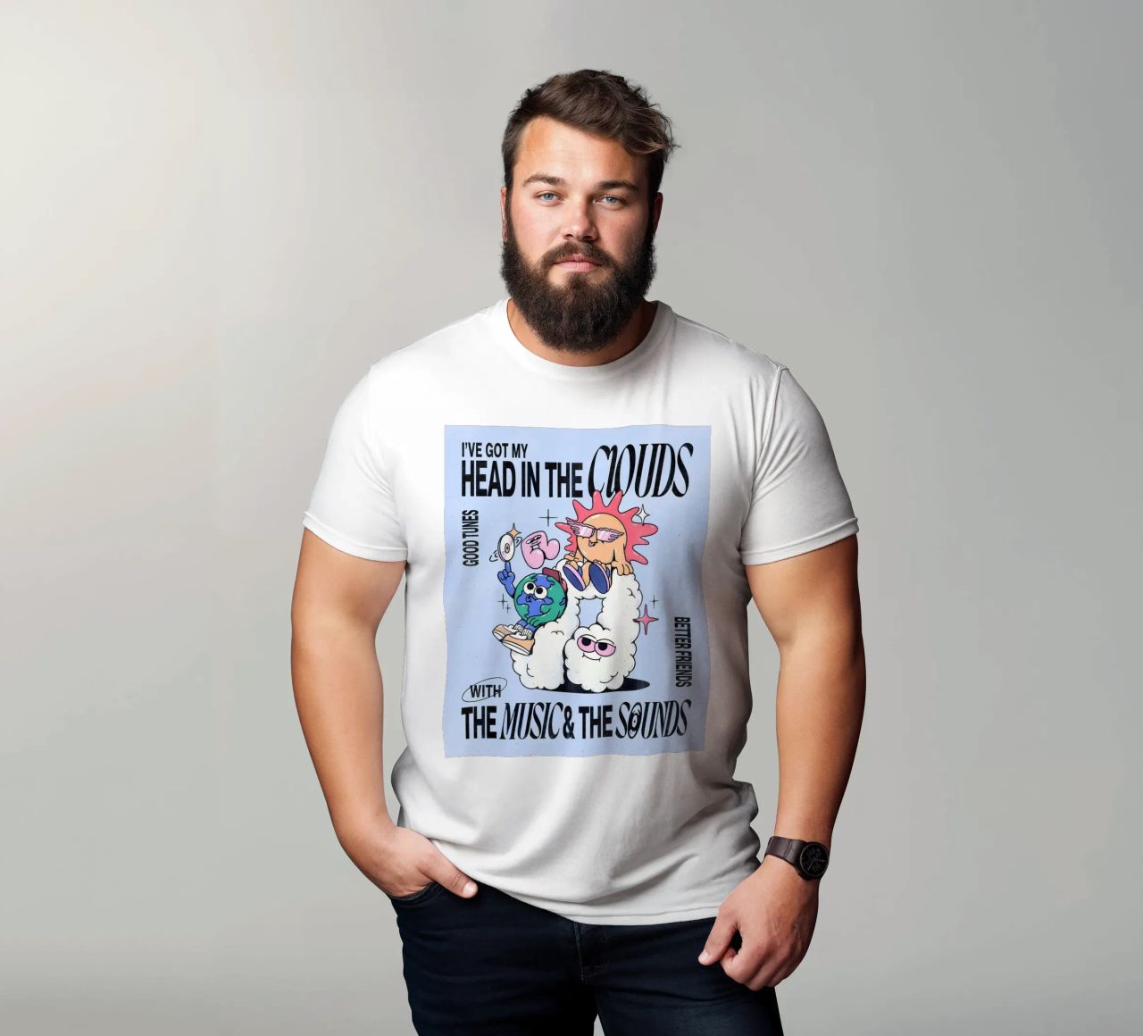 "Head in the Clouds" Groovy Sun Earth Music Pop Art Print t-shirt by NorwesClub