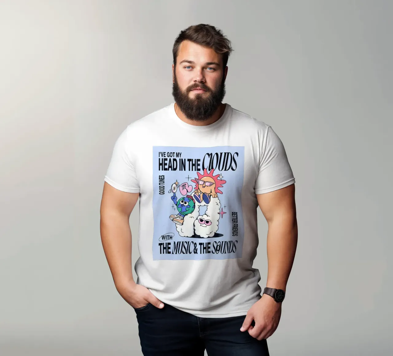 "Head in the Clouds" (Testa tra le nuvole) Stampa pop art di Groovy Sun Earth Music t-shirt da NorwesClub