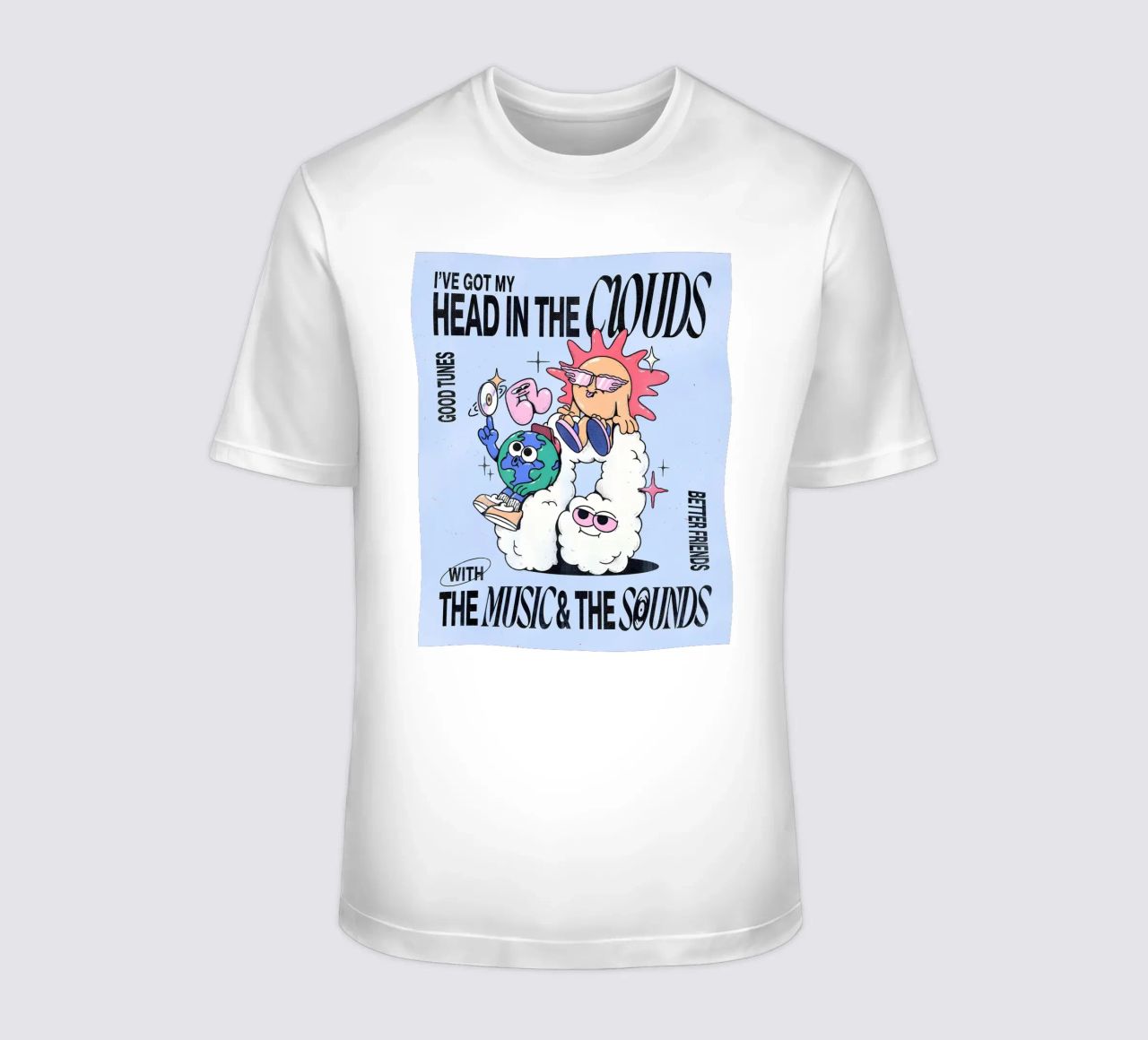 "Head in the Clouds" Groovy Sun Earth Music Pop Art Print t-shirt by NorwesClub