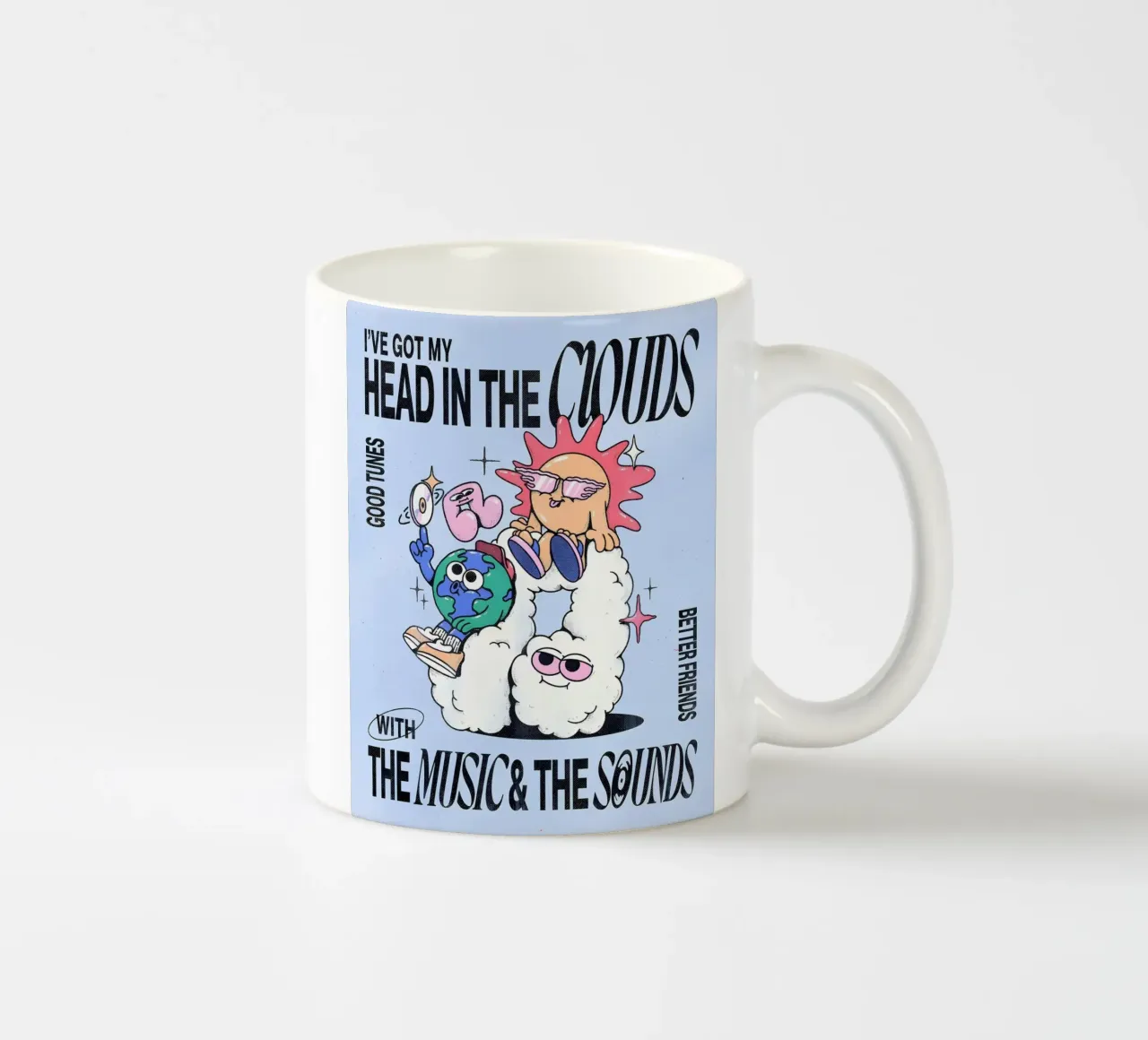 "Hoofd in de wolken" Groovy Zon Aarde Muziek Pop Art Print keramische mok van NorwesClub