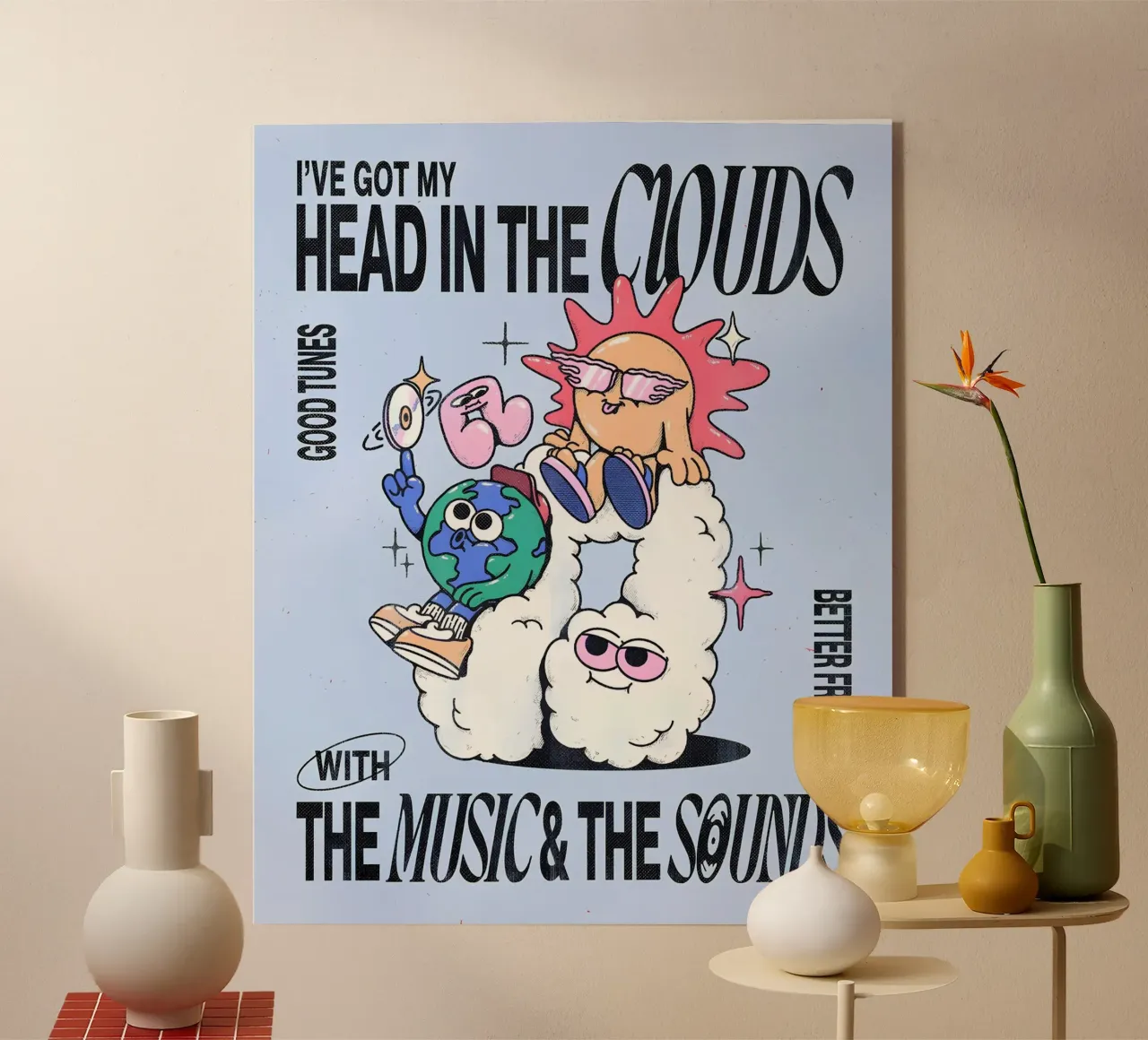 "Head in the Clouds" Groovy Sun Earth Music Pop Art Print metacrilato de NorwesClub