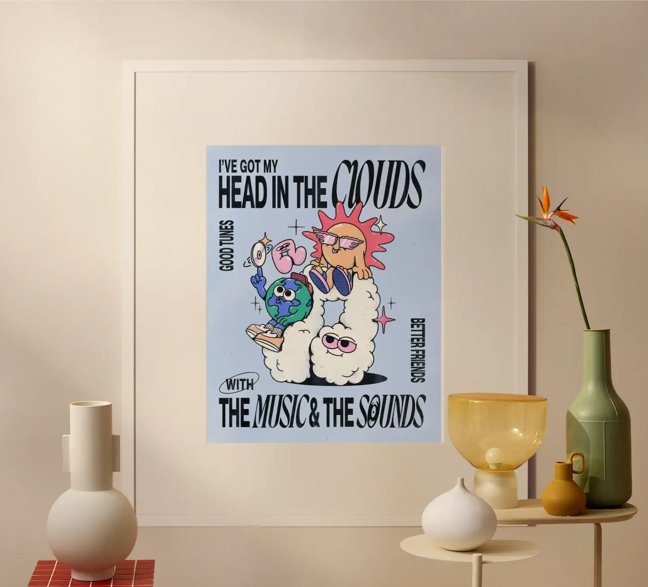 "Head in the Clouds" Groovy Sun Earth Music Pop Art Print hahnemühle de NorwesClub