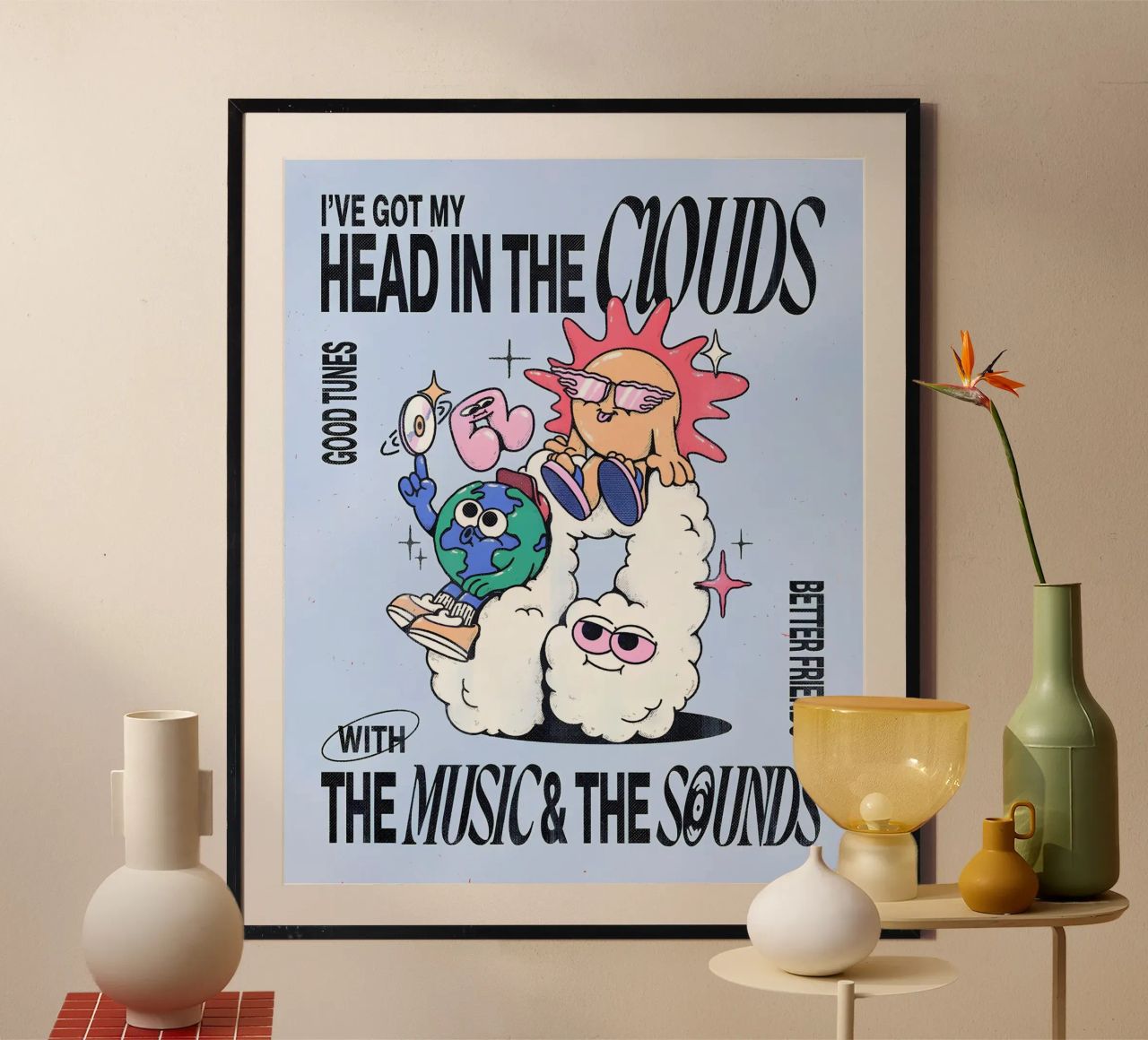 "Kopf in den Wolken" Groovy Sonne Erde Musik Pop Art Druck Poster von NorwesClub