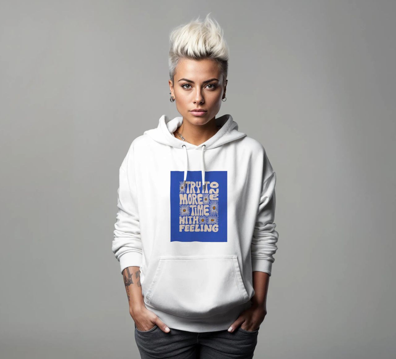 "Try It More Time" Groovy Daisy Retro Blue Pop Art felpa con cappuccio da NorwesClub