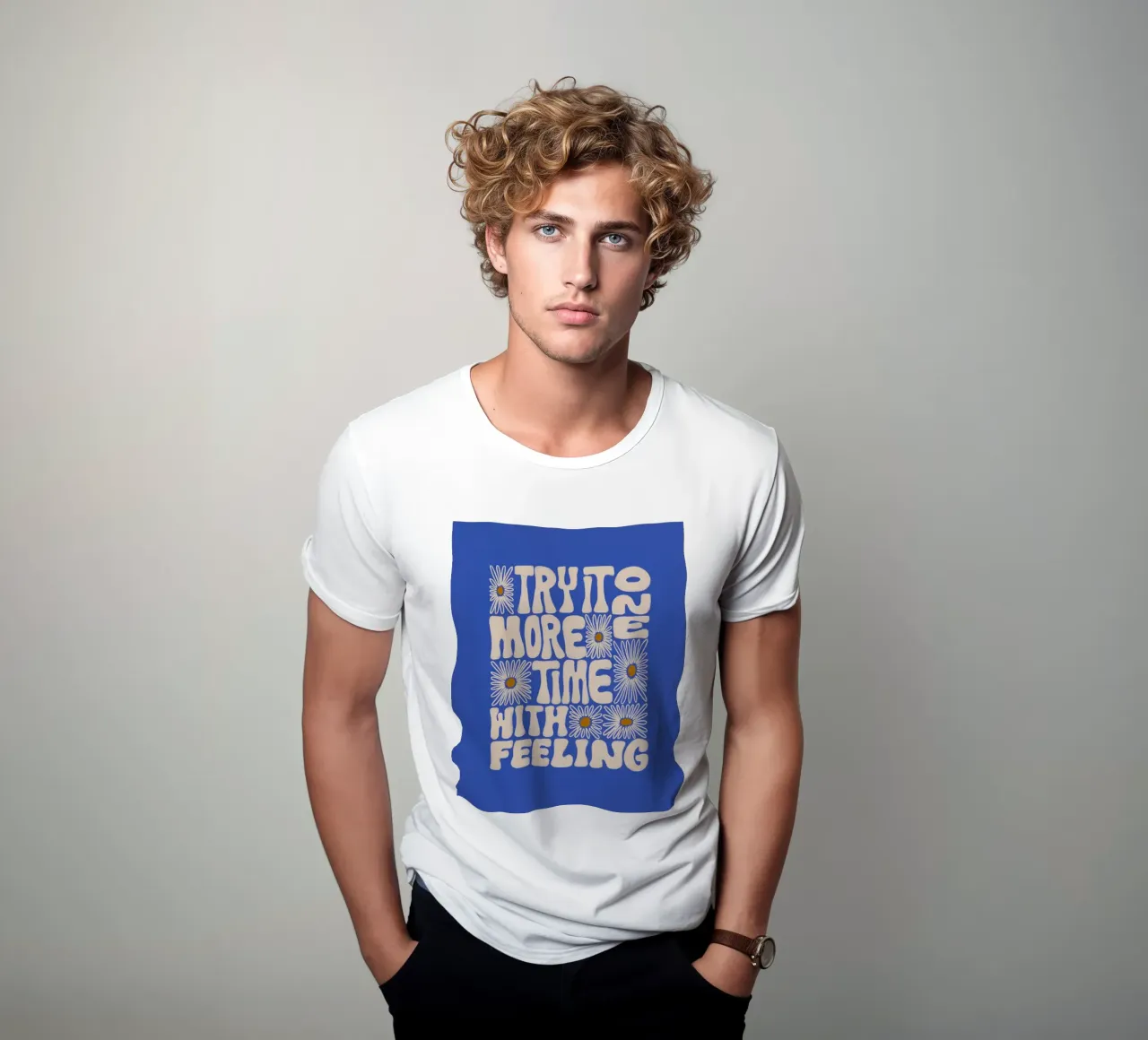 "Try It More Time" Groovy Daisy Retro Blue Pop Art camiseta de NorwesClub