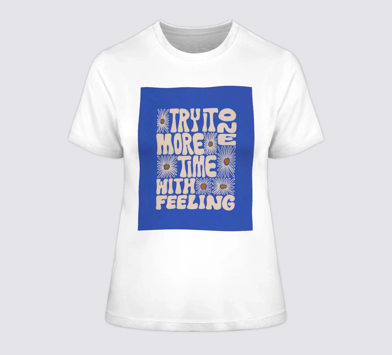 "Try It More Time" Groovy Daisy Retro Blue Pop Art t-shirt da donna da NorwesClub