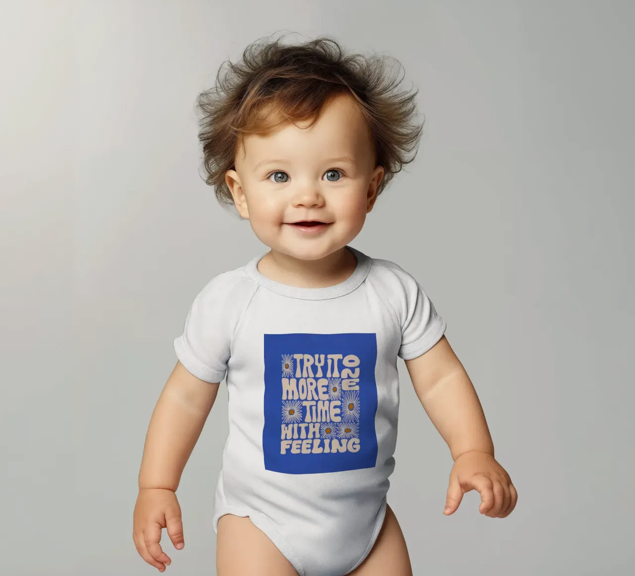 "Try It More Time" Groovy Daisy Retro Blue Pop Art body neonato maniche corte da NorwesClub