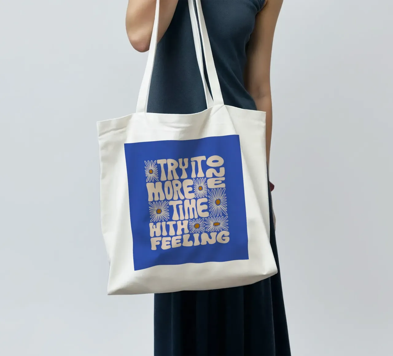 "Try It More Time" Groovy Daisy Retro Blue Pop Art borsa in juta da NorwesClub