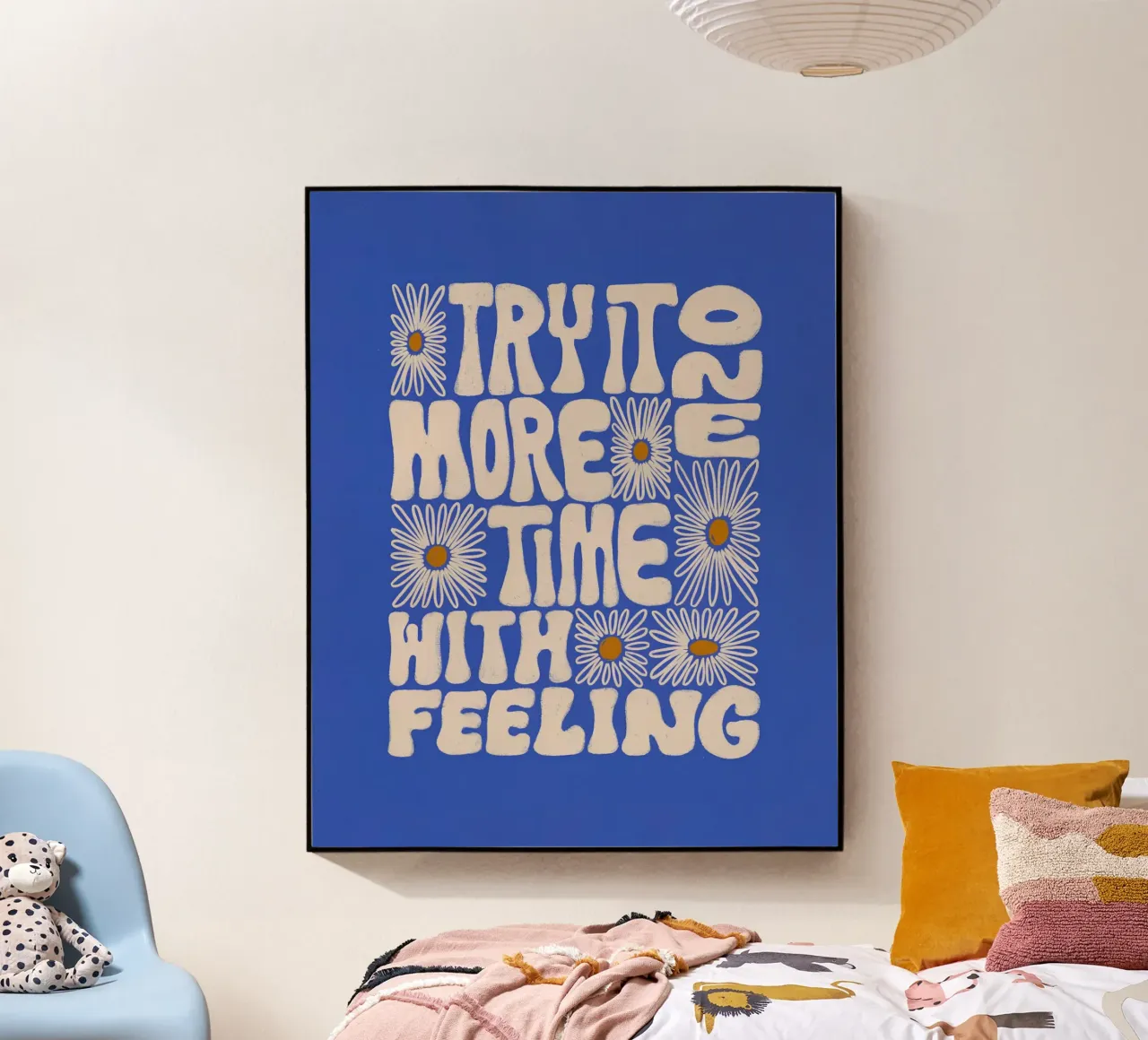 "Try It More Time" Groovy Daisy Retro Blue Pop Art metacrilato de NorwesClub