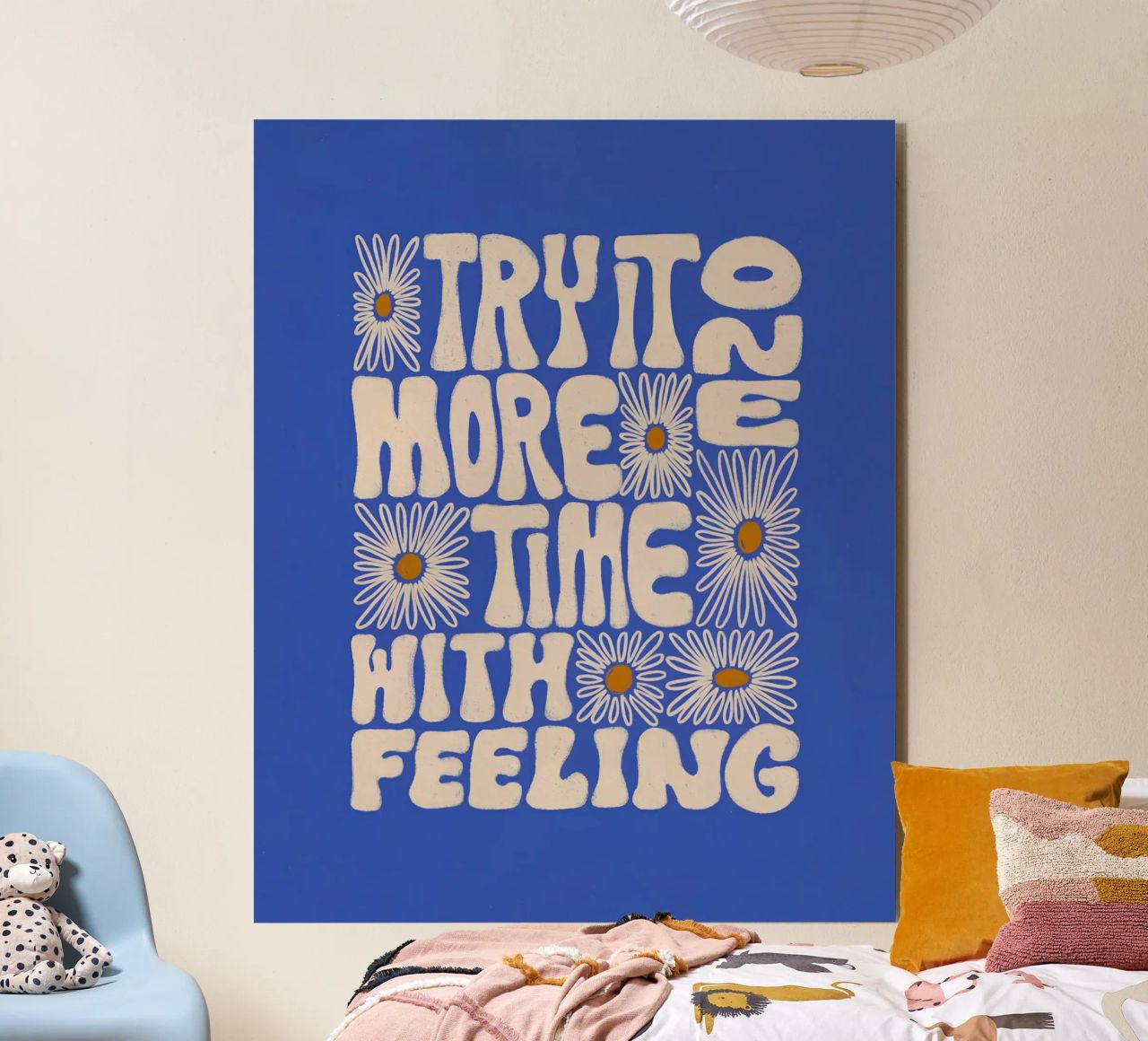"Try It More Time" Groovy Daisy Retro Blue Pop Art alluminio dibond da NorwesClub