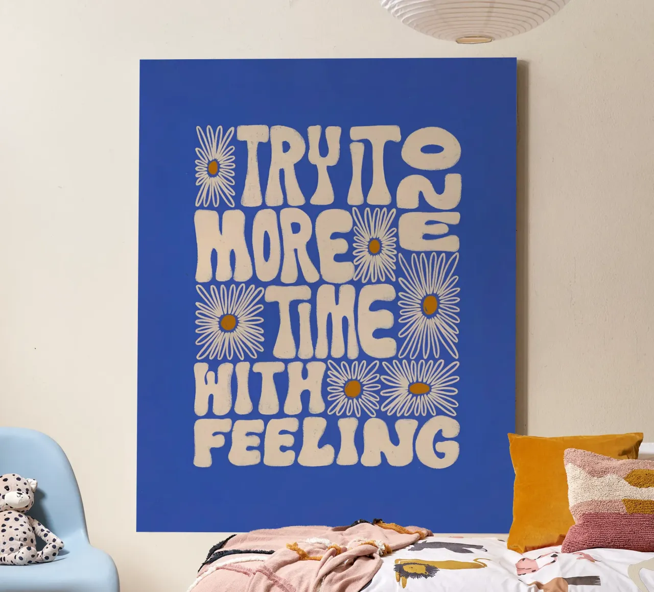 "Try It More Time" Groovy Daisy Retro Blue Pop Art tela da NorwesClub