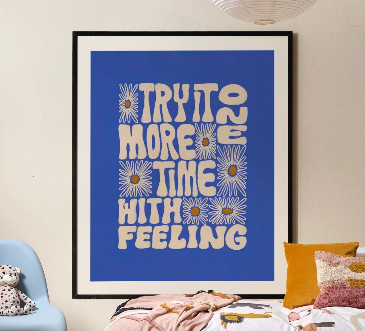 "Try It More Time" Groovy Daisy Retro Blue Pop Art carta hahnemühle da NorwesClub
