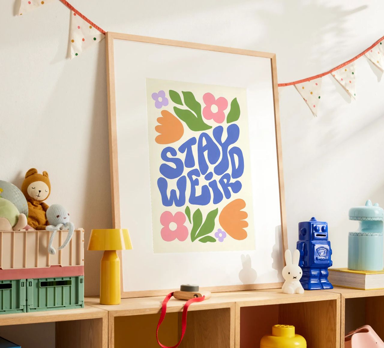 "Stay Weird" Groovy Floral Retro Folk Art Print poster by NorwesClub