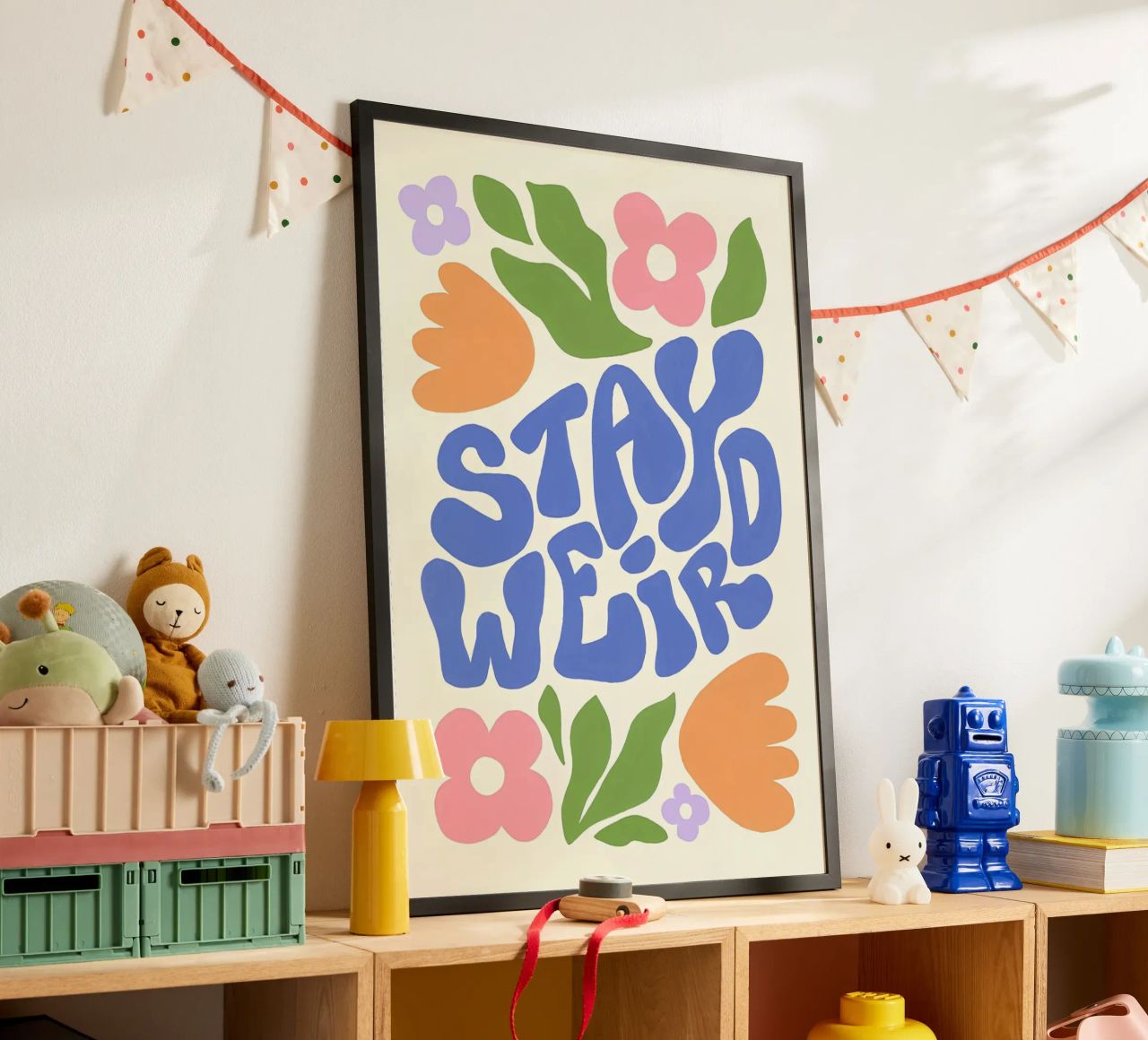 "Stay Weird" Groovy Floral Retro Folk Art Print poster by NorwesClub
