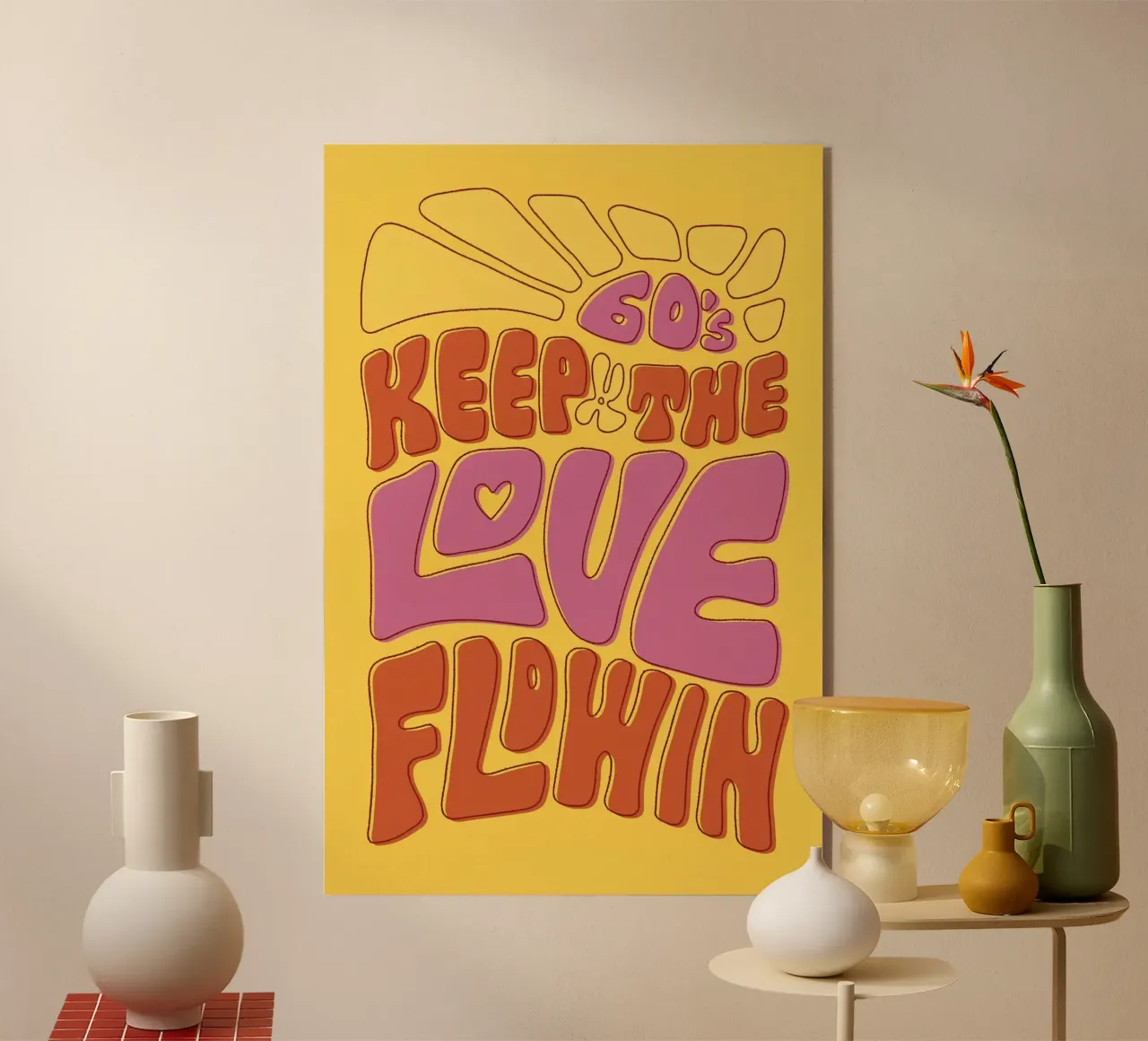 "Keep The Love Flowin'" Groovy 60s Psychedelic Pop Art metacrilato de NorwesClub