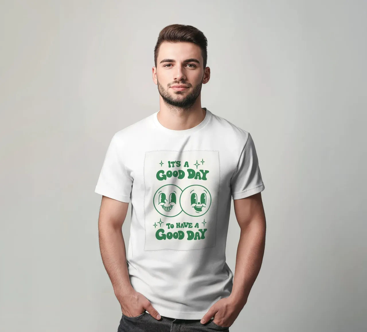 Impression pop art rétro "It's a good day" - visages heureux - vert t-shirt de NorwesClub