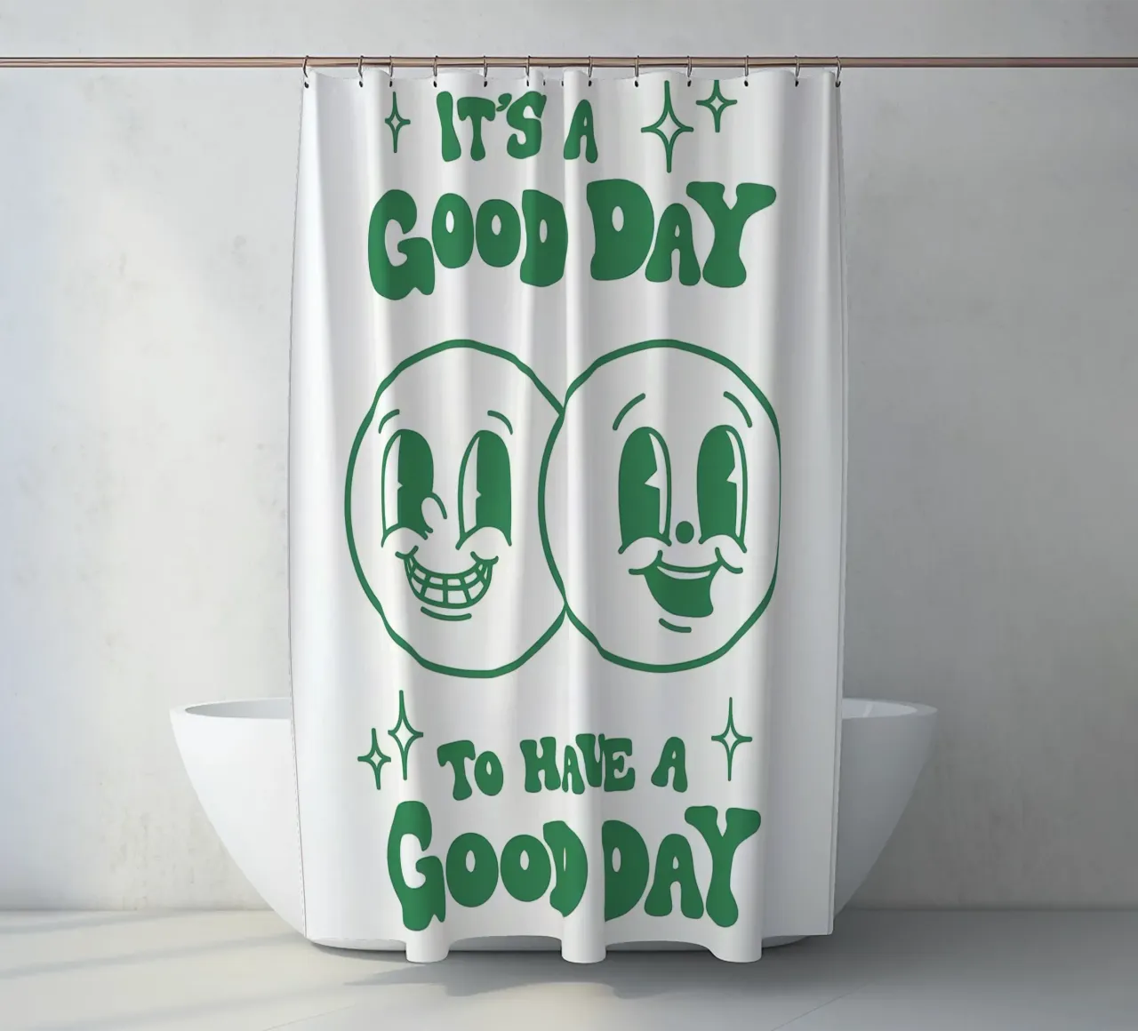 Stampa pop art retrò "It's A Good Day", facce felici, verde tenda da doccia da NorwesClub