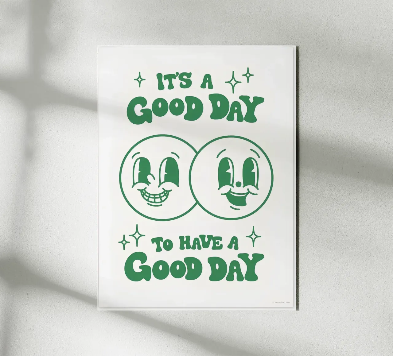 Stampa pop art retrò "It's A Good Day", facce felici, verde alluminio dibond da NorwesClub