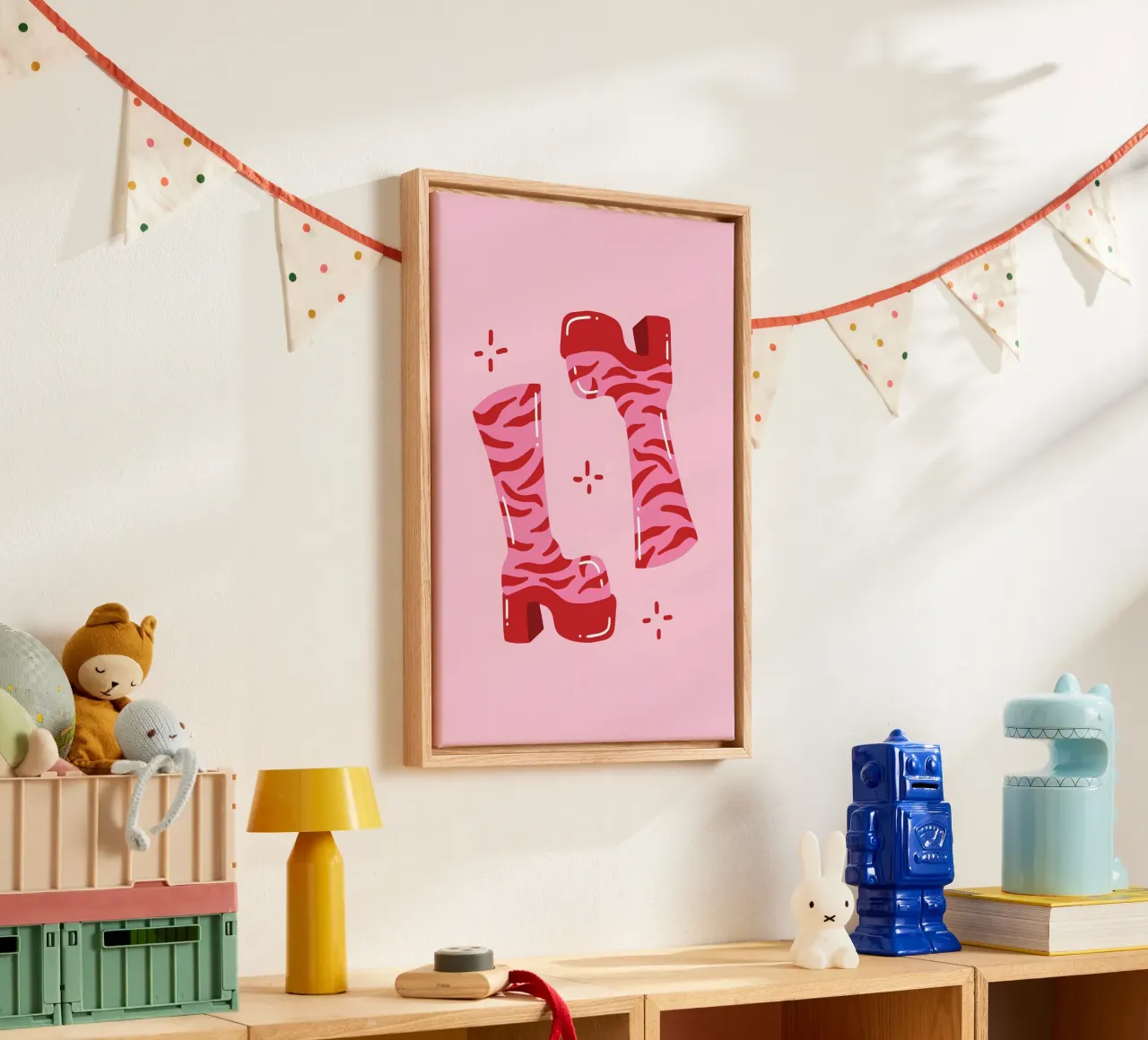 "Stivali tigrati groovy", moda pop art retrò rosa anni '60 tela con Cornice a cassetta da NorwesClub