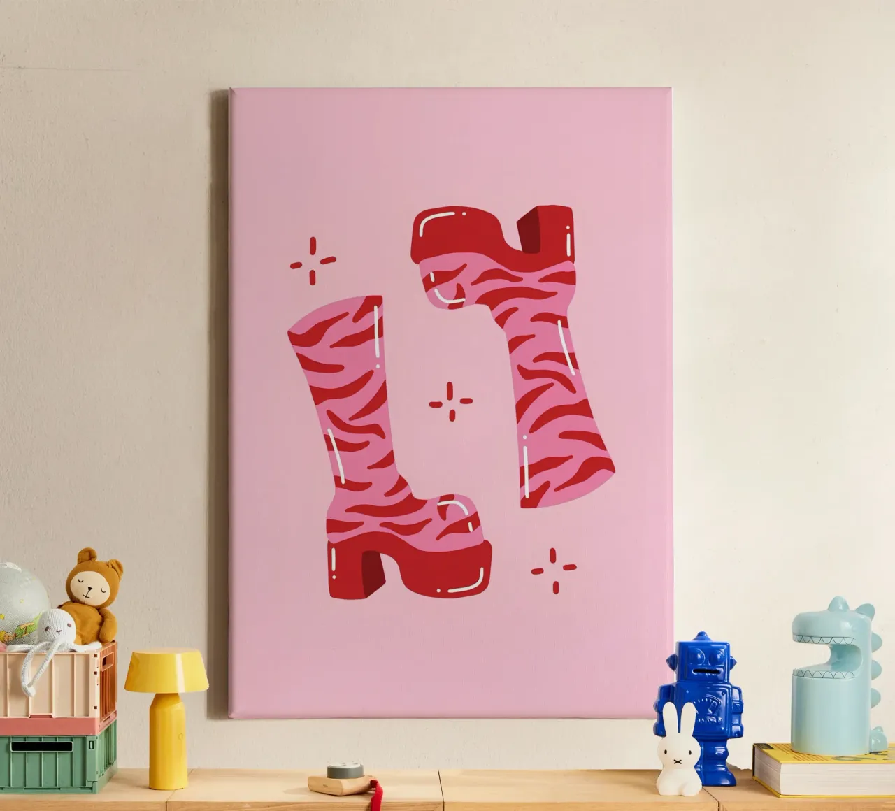 "Stivali tigrati groovy", moda pop art retrò rosa anni '60 tela con Cornice a cassetta da NorwesClub