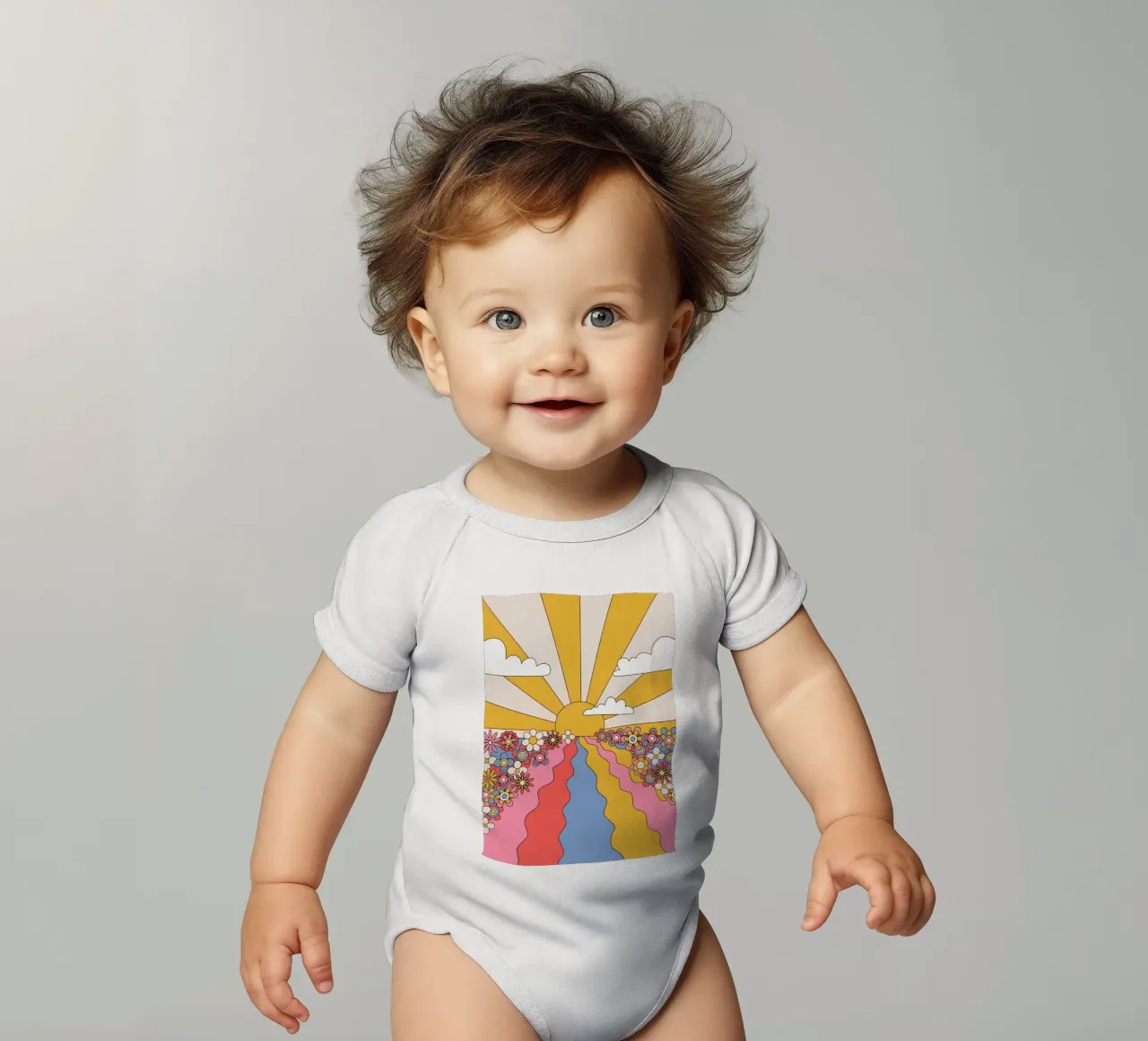 Paesaggio psichedelico "Sole della spiaggia" Flower Power Retro body neonato maniche corte da NorwesClub