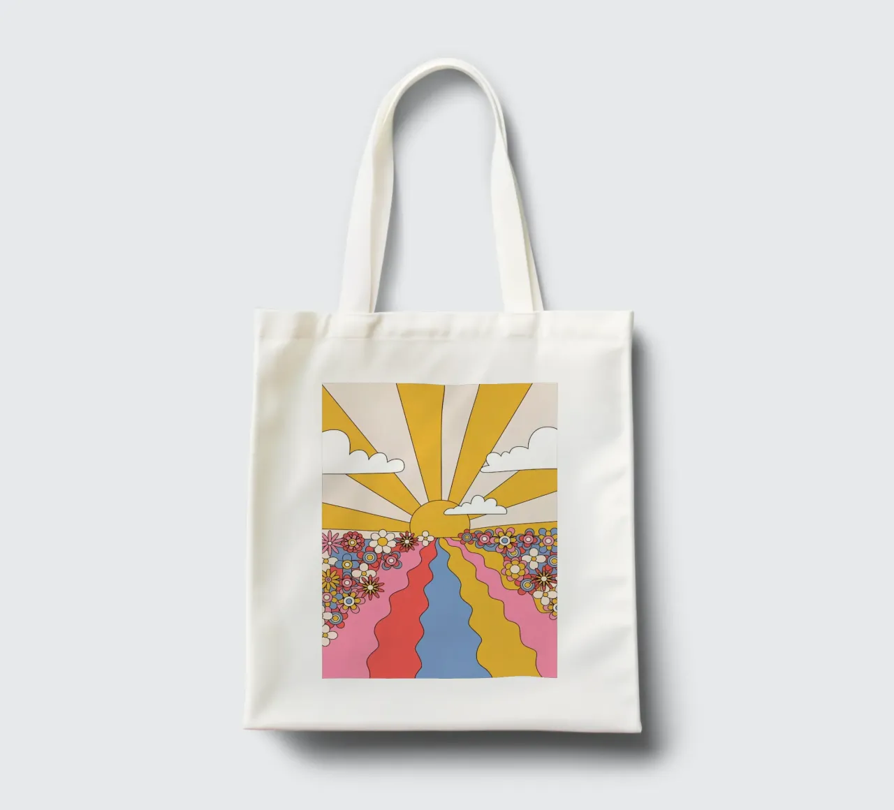 Paesaggio psichedelico "Sole della spiaggia" Flower Power Retro borsa in juta da NorwesClub
