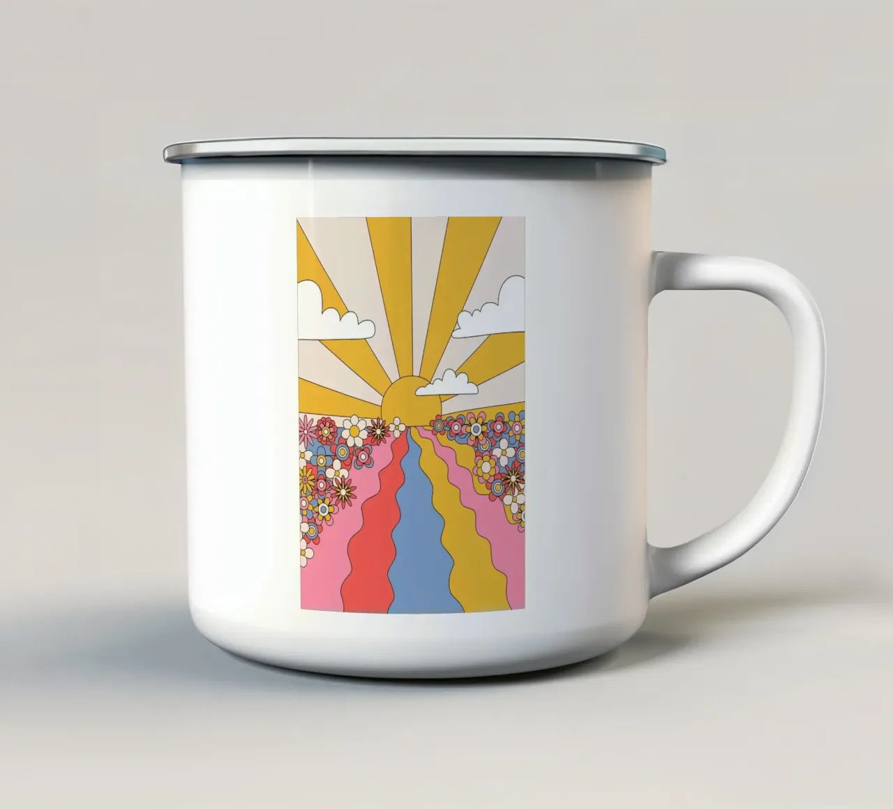 Paesaggio psichedelico "Sole della spiaggia" Flower Power Retro tazza in smalto da NorwesClub