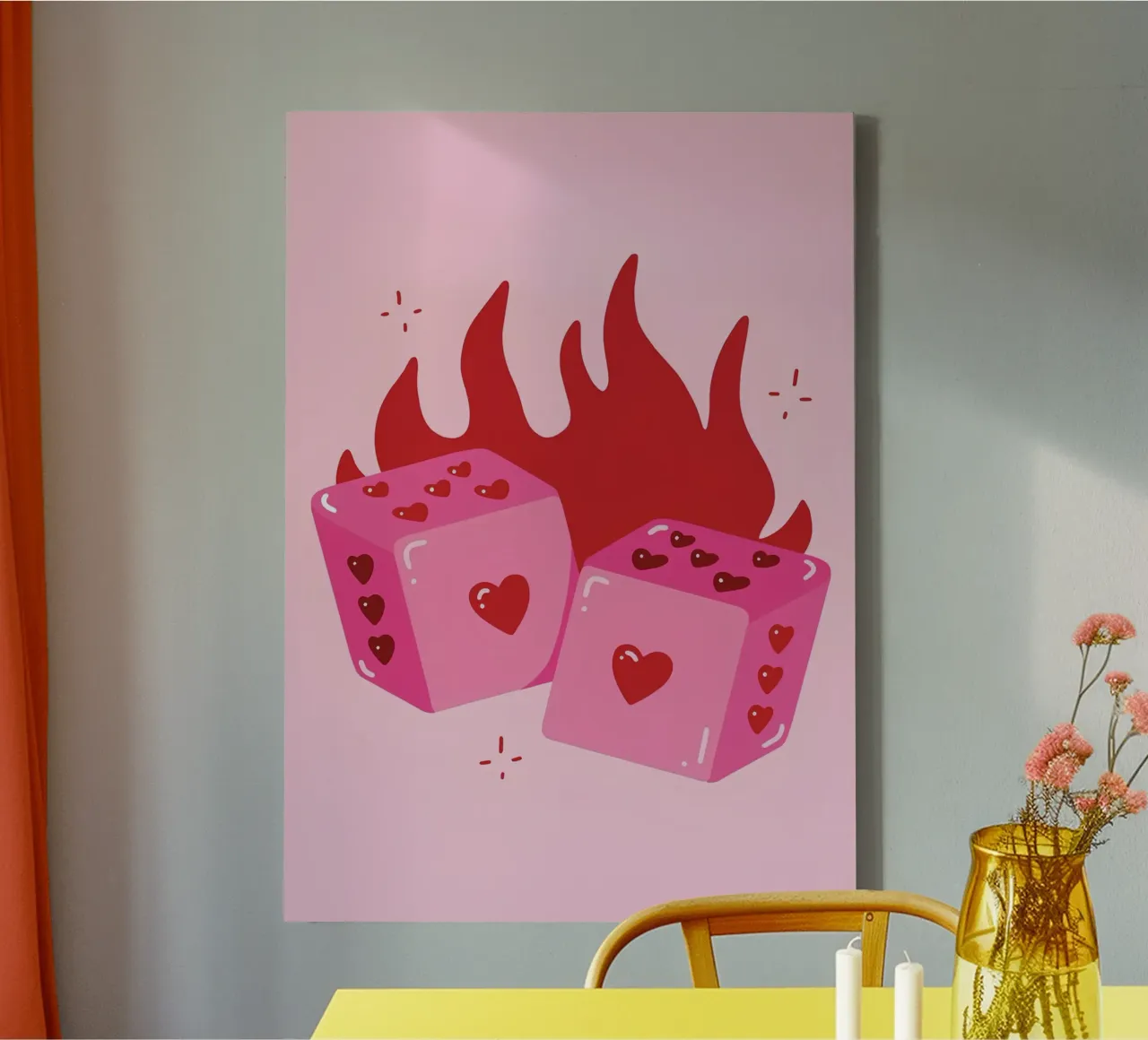 Cuore fiammeggiante, dadi rosa, stampa d'amore pop art retrò tela con Cornice a cassetta da NorwesClub