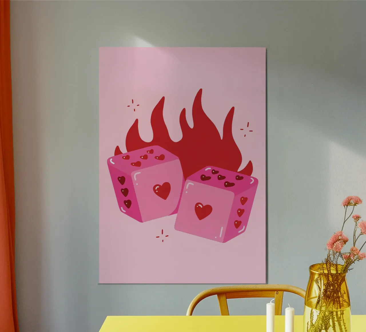 Cuore fiammeggiante, dadi rosa, stampa d'amore pop art retrò carta hahnemühle da NorwesClub