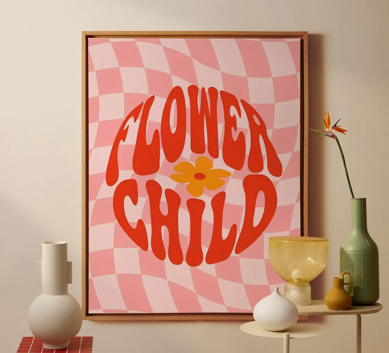 Stampa d'arte psichedelica retrò degli anni '70 "Flower Child Rock Heart". tela con Cornice a cassetta da NorwesClub