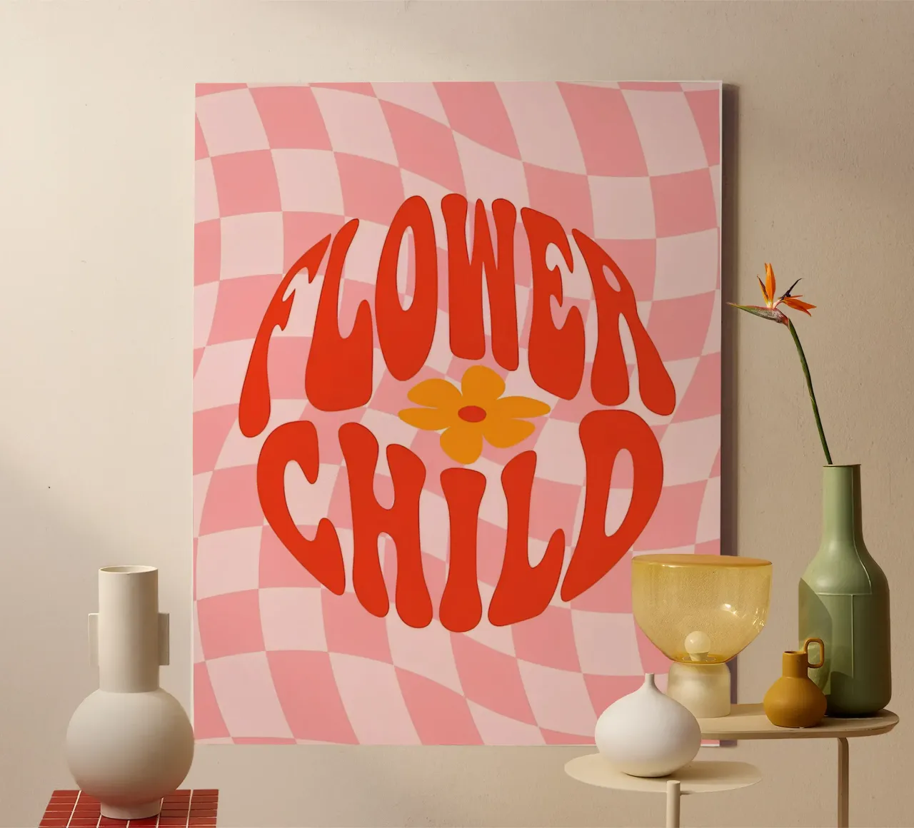 Stampa d'arte psichedelica retrò degli anni '70 "Flower Child Rock Heart". tela con Cornice a cassetta da NorwesClub