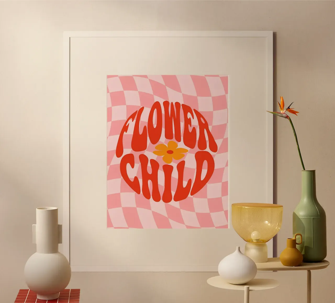 "Blumenkind Rock Heart" Psychedelischer Retro 70er Kunstdruck Poster mit Aluminium Rahmen von NorwesClub