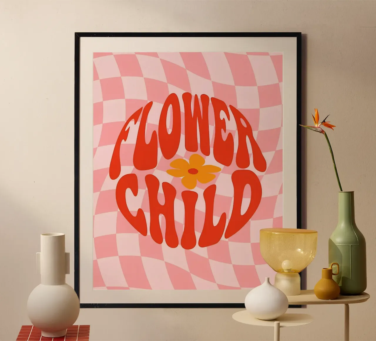 "Blumenkind Rock Heart" Psychedelischer Retro 70er Kunstdruck Poster mit Aluminium Rahmen von NorwesClub