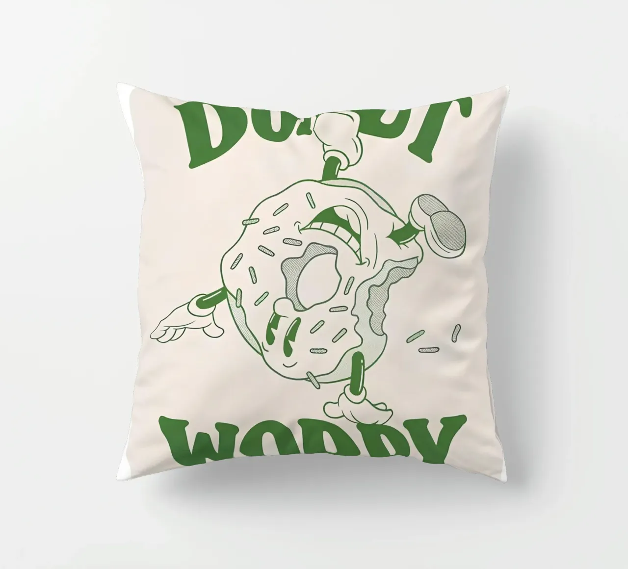Stampa pop retrò "Donut Worry Be Happy" (Ciambella, preoccupazione, felicità) cuscino da NorwesClub