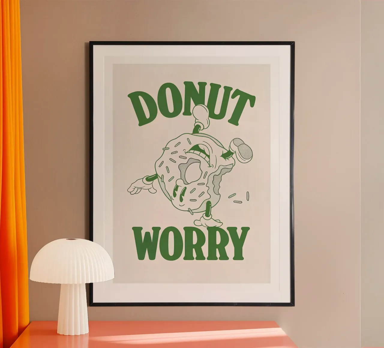 "Donut Worry Be Happy" Retro Sweet Groovy Pop Art Print hahnemühle de NorwesClub