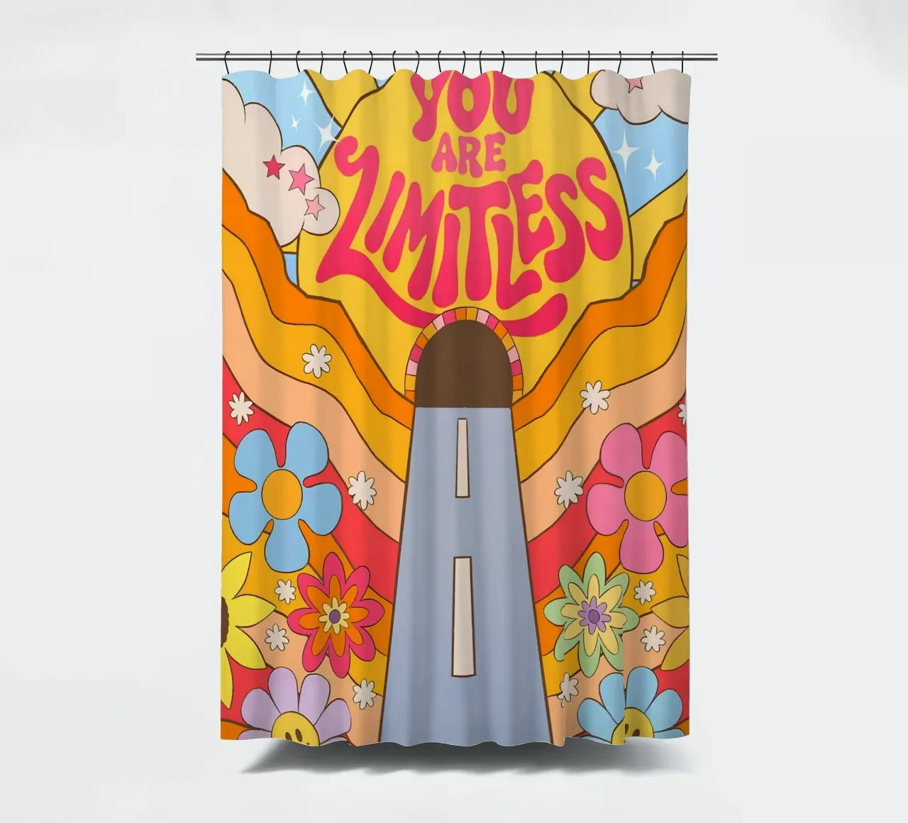 "You Are Limitless" Retro Affirmation Sunset Dreamy Pop Art shower curtain by NorwesClub