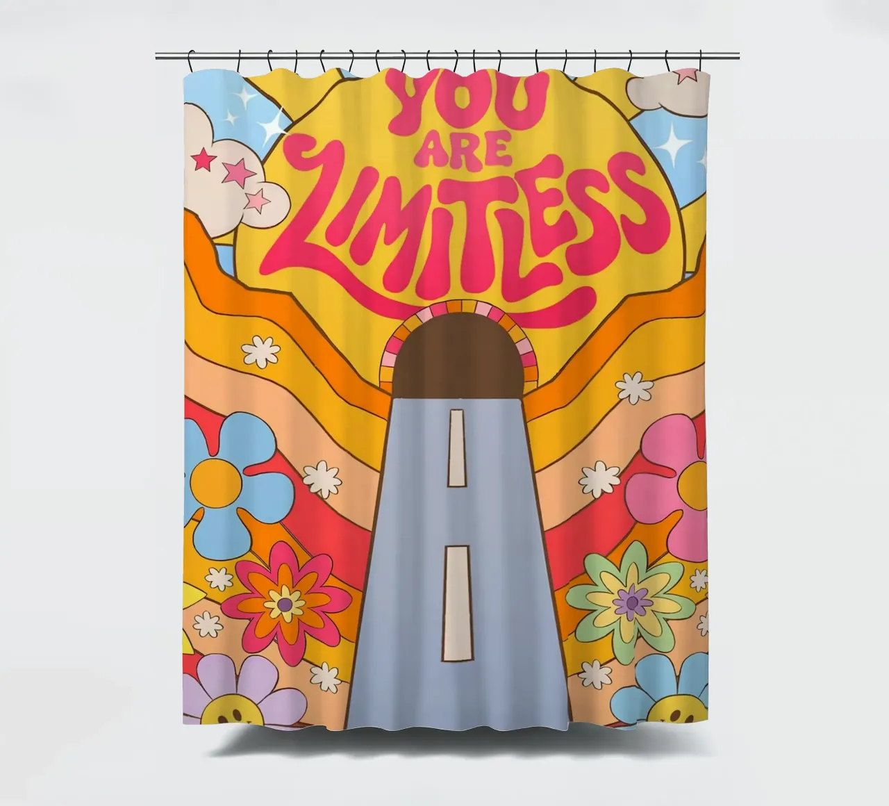 "You Are Limitless" Retro Affirmation Sunset Dreamy Pop Art shower curtain by NorwesClub