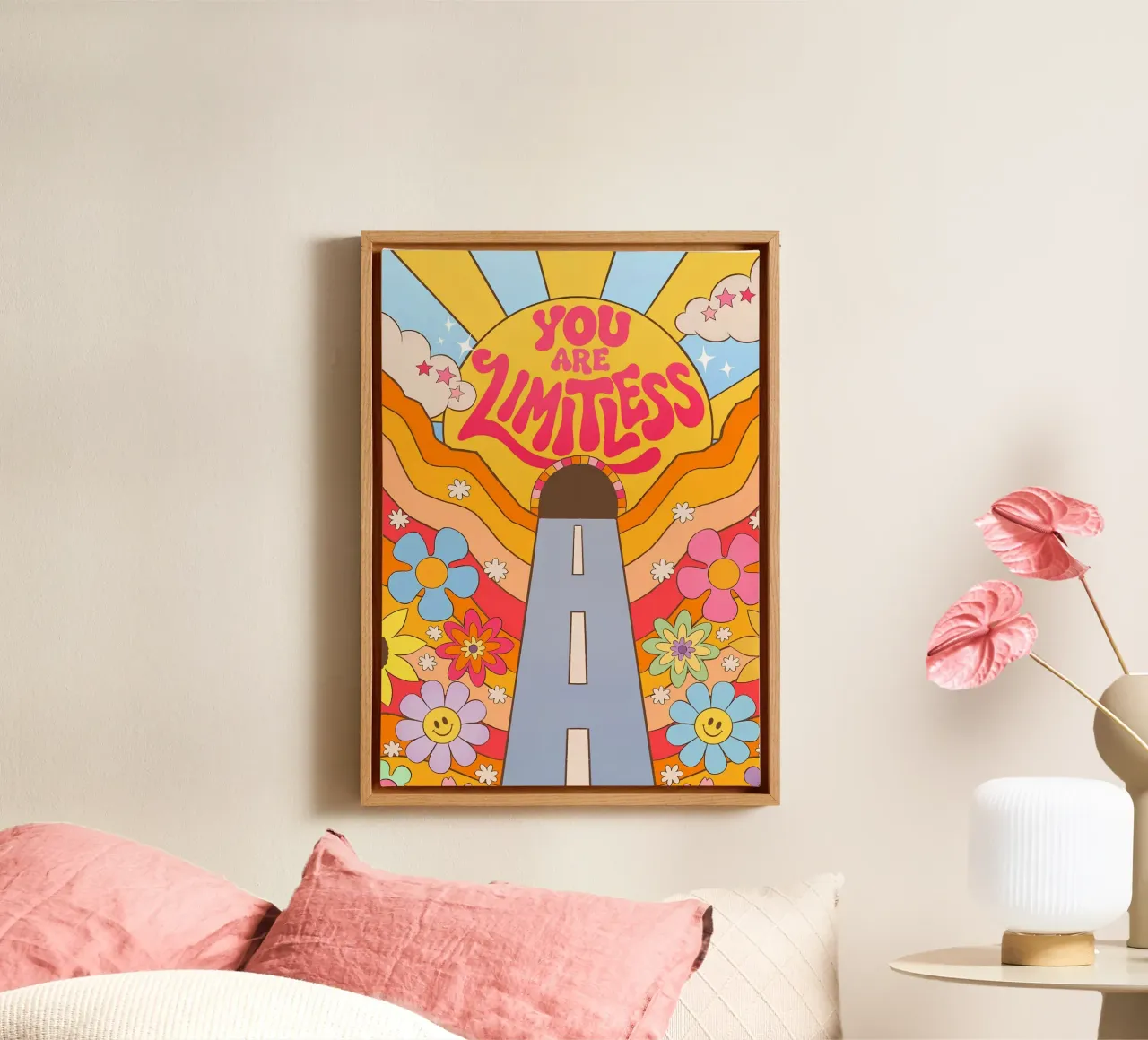 "You Are Limitless" Retro Affirmation Sunset Dreamy Pop Art canvas with Floater frame by NorwesClub