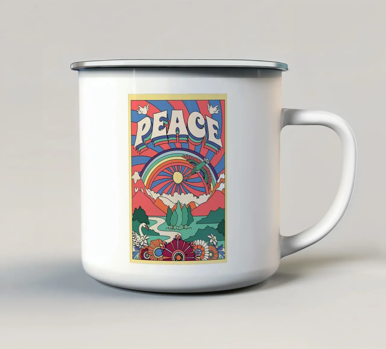 Pop Art "Peace" Psichedelico Groovy anni '70 floreale a raggi di sole tazza in smalto da NorwesClub
