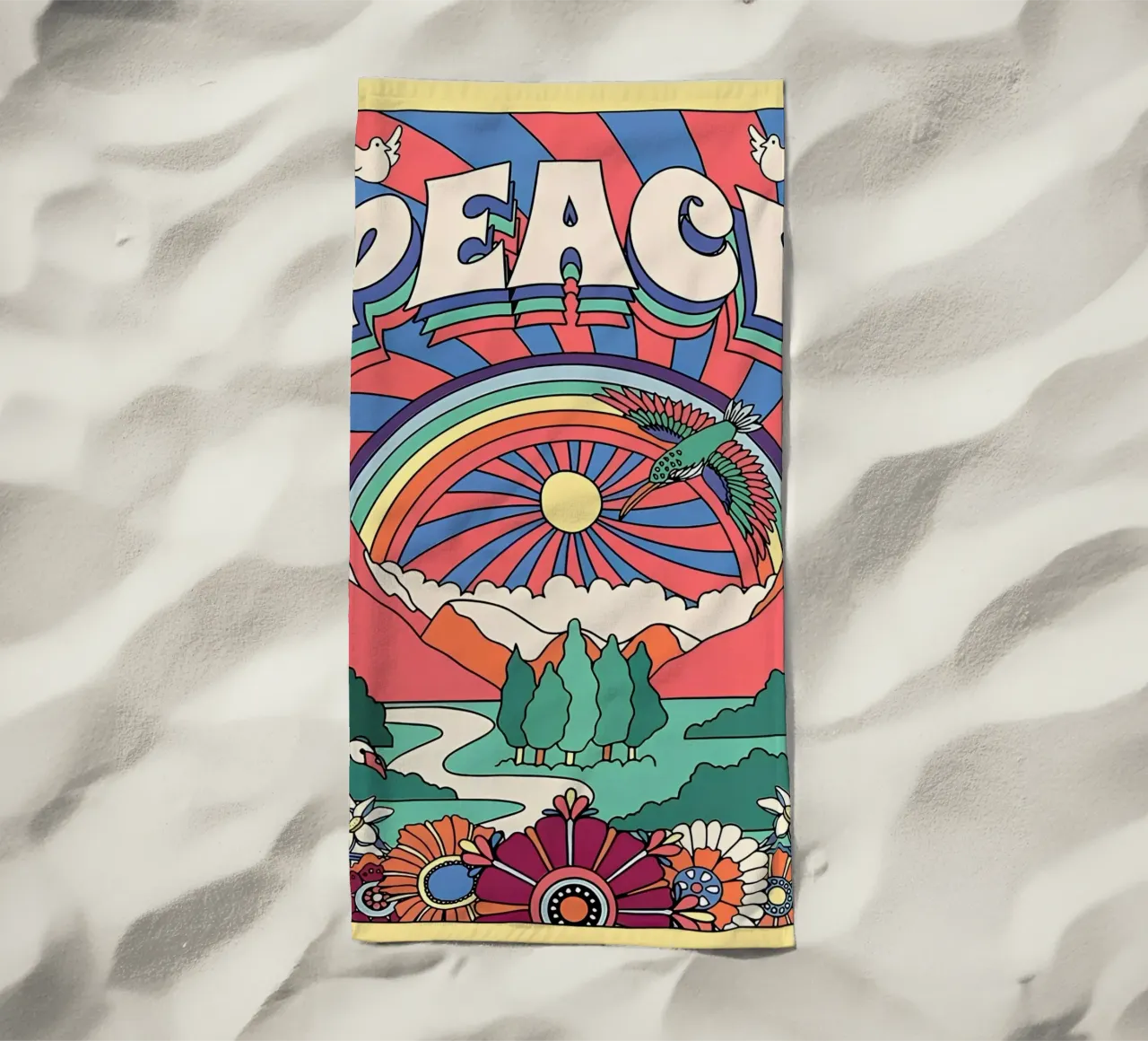 Pop Art "Peace" Psichedelico Groovy anni '70 floreale a raggi di sole telo mare da NorwesClub