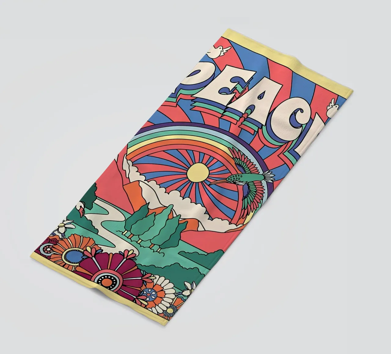 Pop Art "Peace" Psichedelico Groovy anni '70 floreale a raggi di sole telo mare da NorwesClub