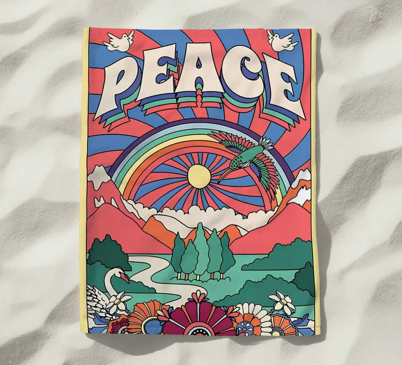 Pop Art "Peace" Psichedelico Groovy anni '70 floreale a raggi di sole telo mare da NorwesClub