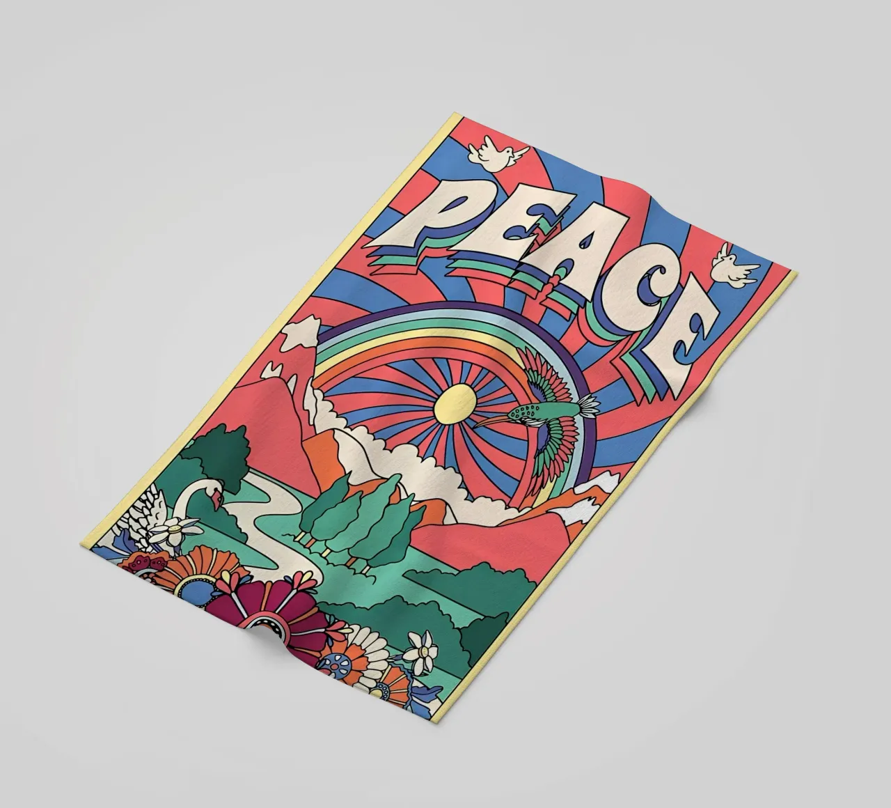 Pop Art "Peace" Psichedelico Groovy anni '70 floreale a raggi di sole telo mare da NorwesClub