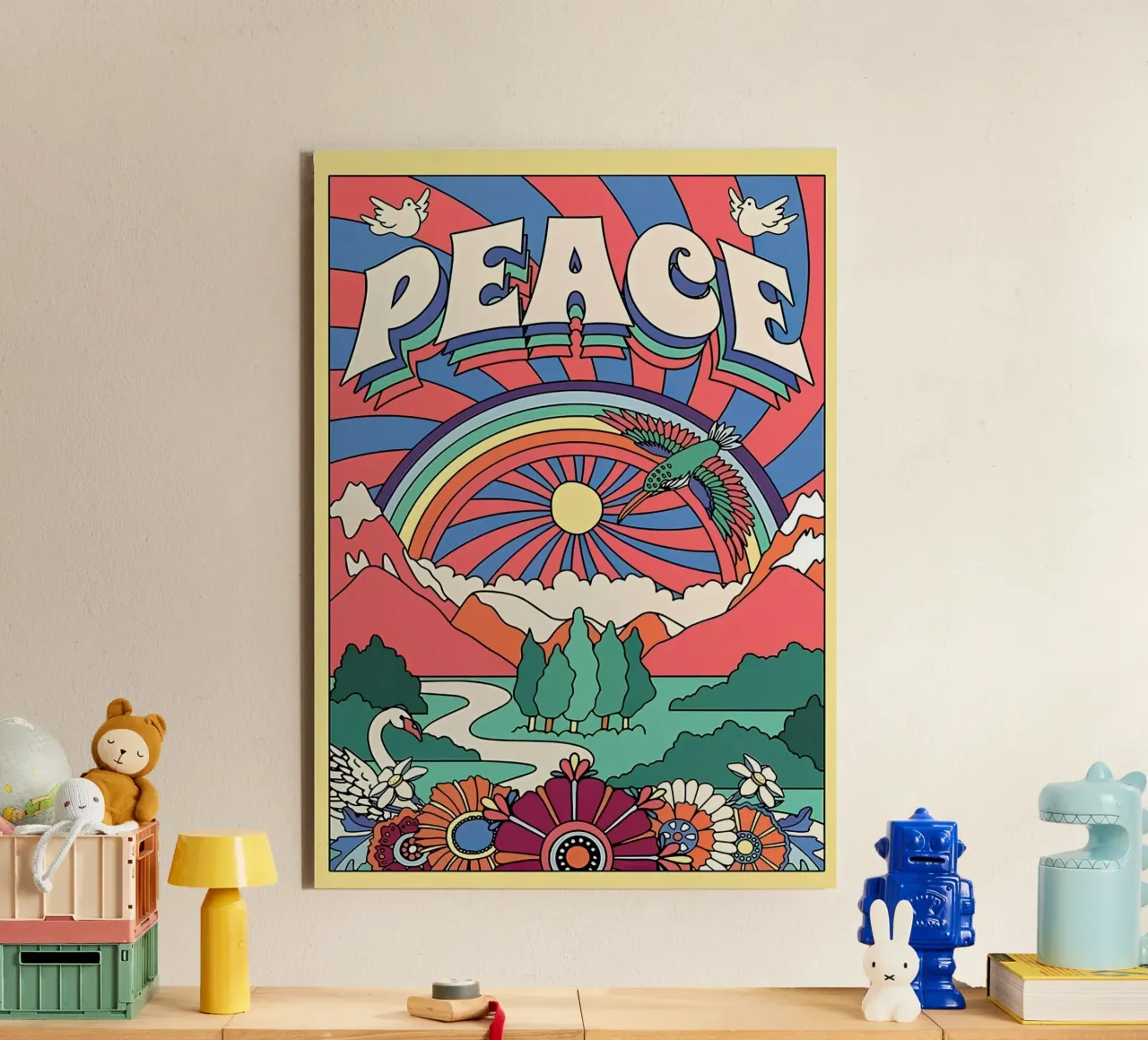 Pop Art "Peace" Psichedelico Groovy anni '70 floreale a raggi di sole alluminio dibond da NorwesClub